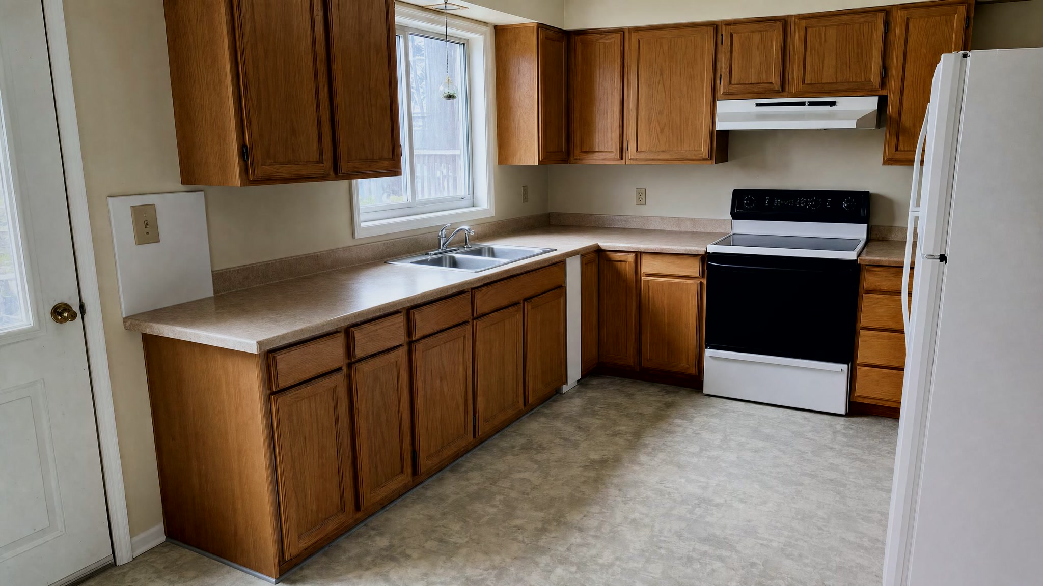 Busy family kitchen — cleared, nothing else touched — after