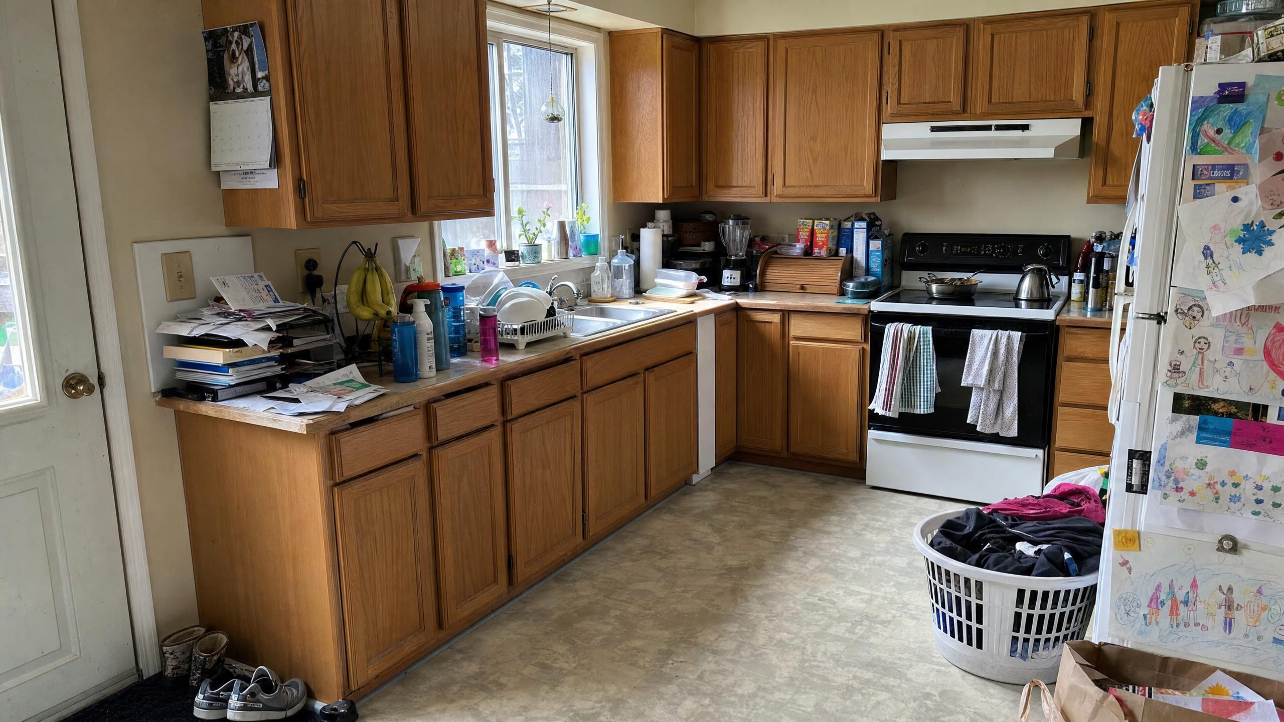 Busy family kitchen — cleared, nothing else touched — before